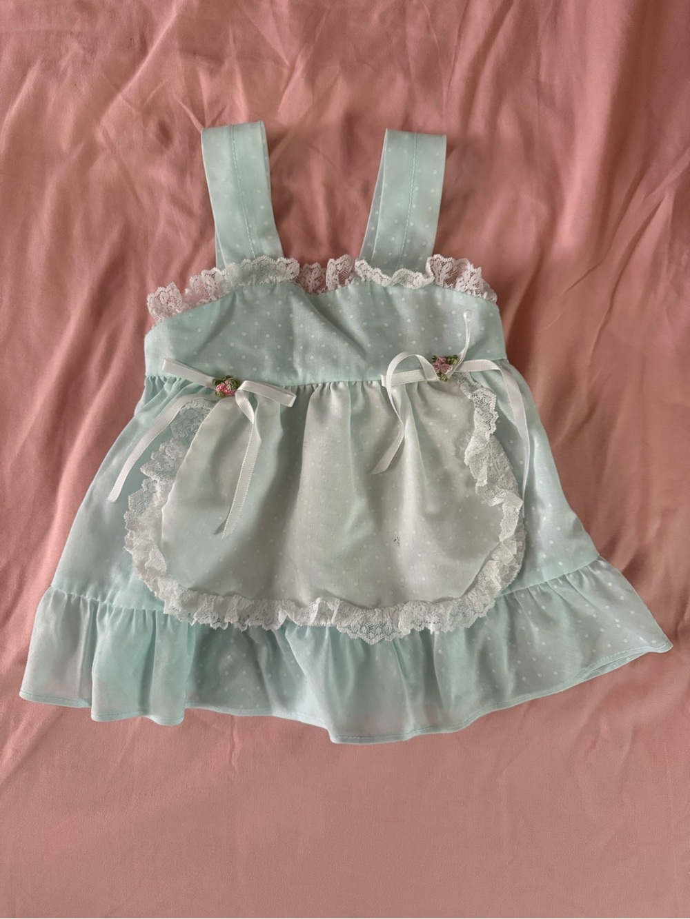 Vintage baby Mint Green Polka Dot Dress with Lace Apron